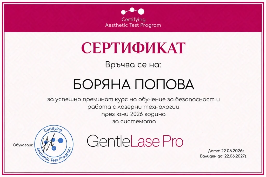 Сертификат: Боряна Попова, GentleLase Pro, безопасност и работа с лазерни технологии, 22.06.2026