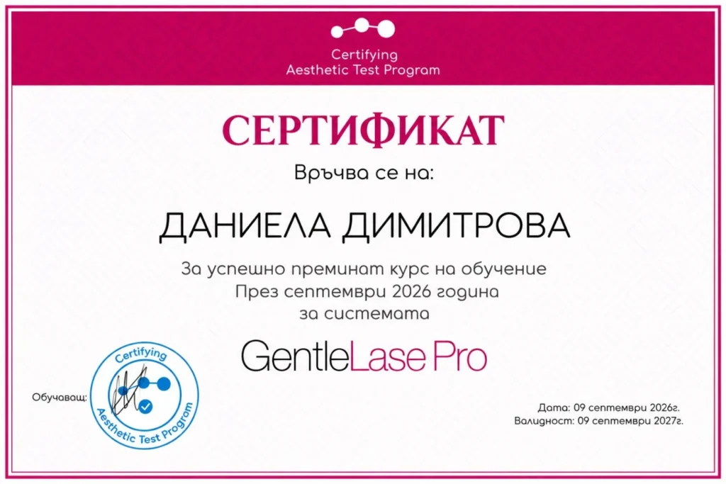 Сертификат: Даниела Димитрова, GentleLase Pro, 09.09.2026